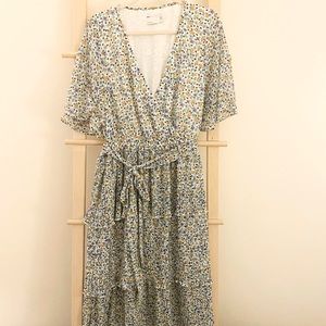 Wrap front tiered floral midi dress